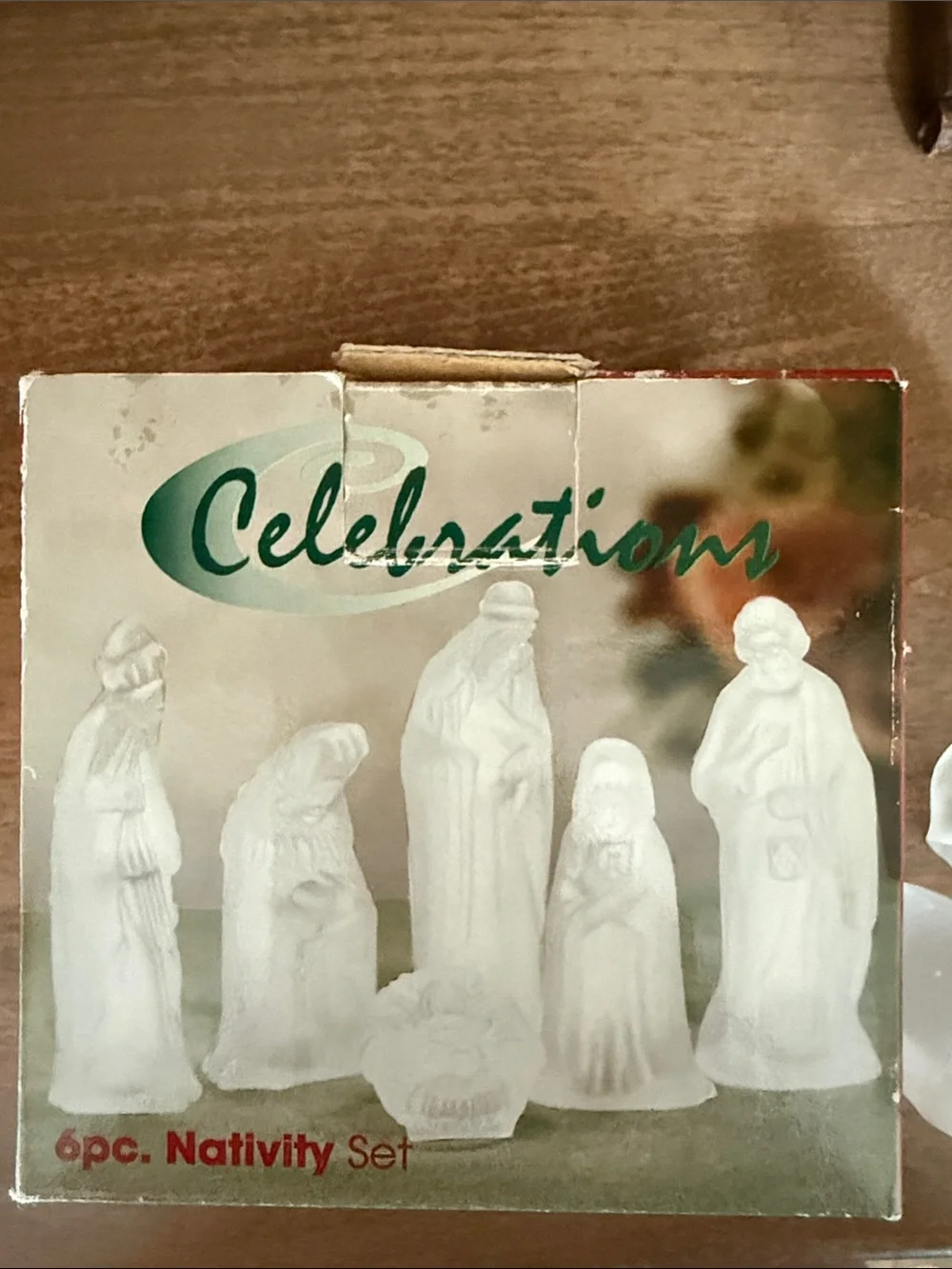 Frosted Glass Nativity Set with Rustic Wood Manger -